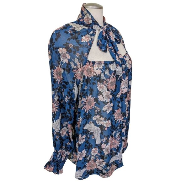 Michel Studio Womens Plus 3X Sheer Button Blouse Long Sleeve Shirt Crane Flowers - Picture 4 of 7